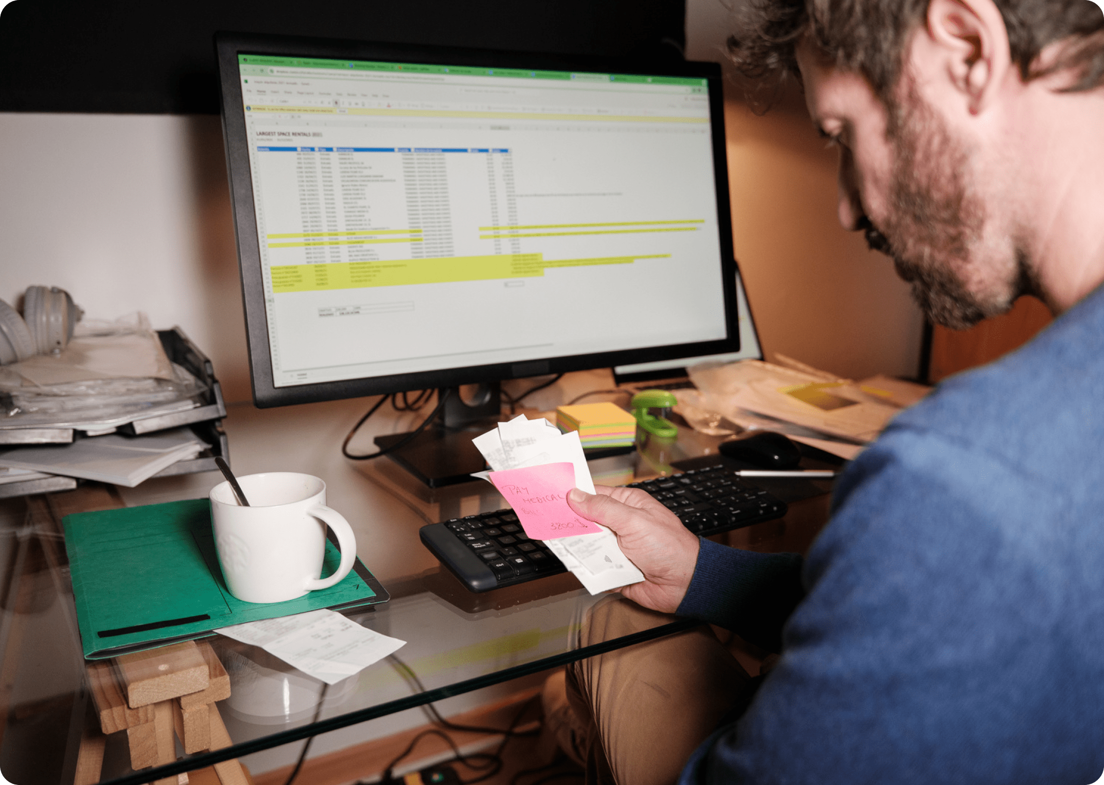 Renter looking at bills and budgeting materials, reflecting financial stress tied to rent timing.