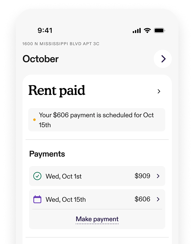 App screen showing first rent payment completed with amount and second payment’s scheduled date and amount for the month